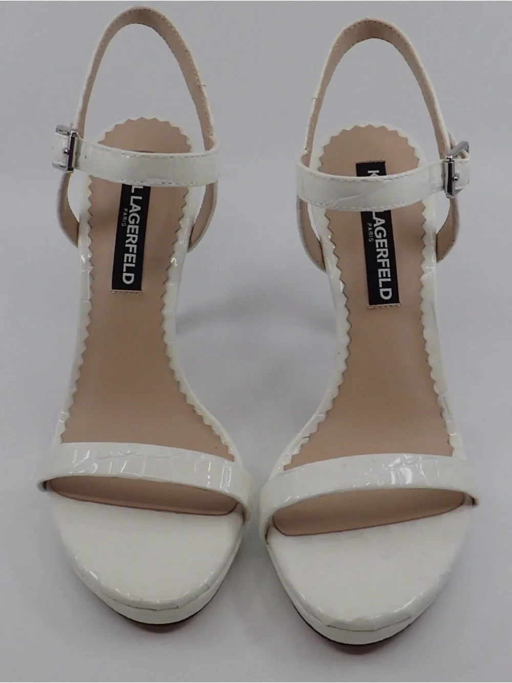 Karl Lagerfeld Cream Croc-Texture Ankle Strap Heels with Clear Stiletto